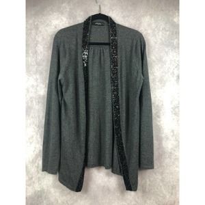 CASHMERE SAKS FIFTH AVENUE BEADED CARDIGAN SWEATER  OPEN FRONT BLACK SIZE LARGE